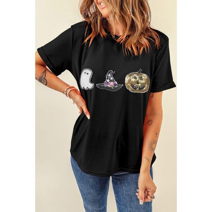 Black Halloween Sequin Pattern Patched Crewneck Tee
