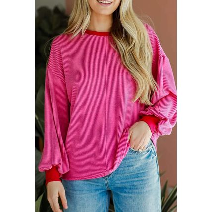 Bright Pink Corded Contrast Edge Drop Shoulder Long Sleeve Top