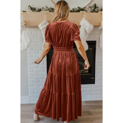 Chestnut Velvet Short Sleeve Shirred Waist Tiered Maxi Dress