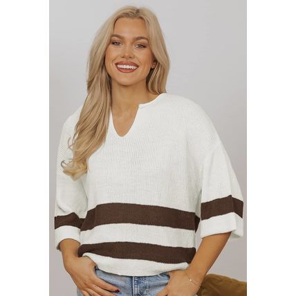 Brown Striped Accent Notched V Neck Cropped Sweater T Shirt