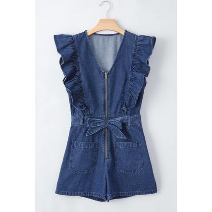 Sail Blue Denim Ruffled Zipped Front Belted Romper