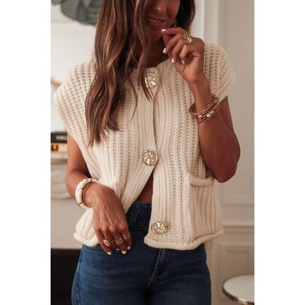 White Solid Textured Knit Side Pockets Buttoned Sweater Vest