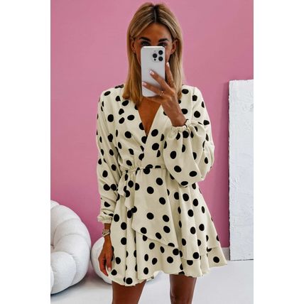 Beige Polka Dot Printed Surplice V Neck Puff Sleeve Mini Dress