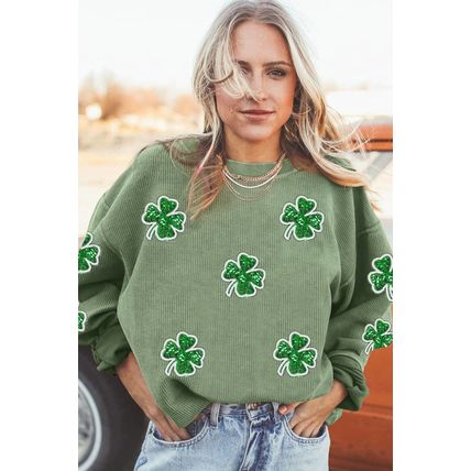 Grass Green Ribbed Four Leaf Clover Graphic St. Patricks Pullover Sweatshirt