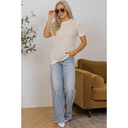 Beige Hollow Out Crochet O Neck Short Sleeve Sweater Tee