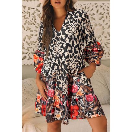 Black Retro Floral Mixed Print Split Neck A-line Dress