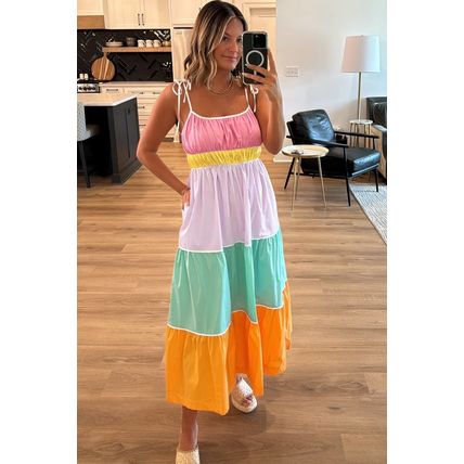 Multicolour Colorblock Self-tie Straps High Waist Flowy Maxi Dress with Pockets