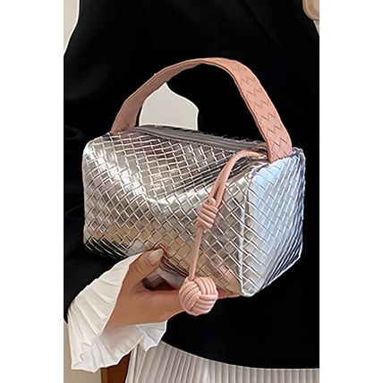 Silvery Lattice Texture Corded Ball Decor Weaven Handle Cosmetic Bag