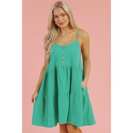 Sea Green Textured Buttoned Thin Strap Tiered Loose Fit Mini Dress
