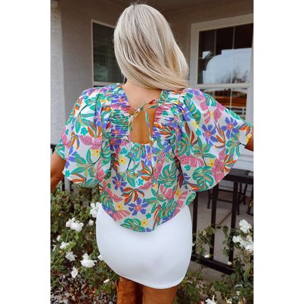 Green Plant Print Loose Fit Puff Sleeve Square Neck Blouse