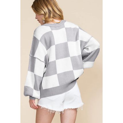 Gray Checkered Bishop Sleeve Sweater