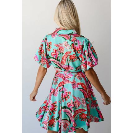 Green Abstract Print Lace-up High Waist Buttoned Mini Dress