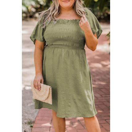 Grass Green Frilly Square Neck Flutter Sleeve Smocked High Waist Plus Size Dress