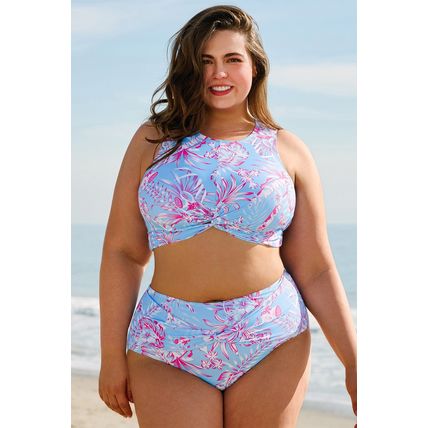 Sky Blue Plus Size Floral Print Twisted High Waist Bikini Set