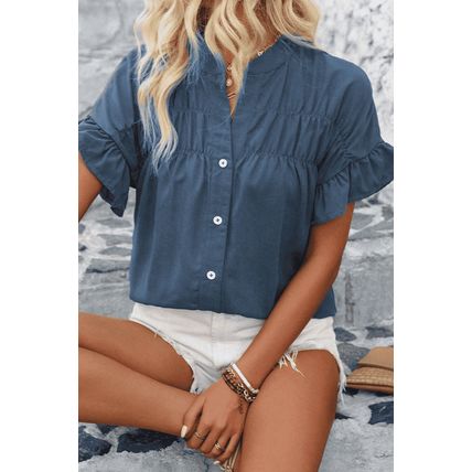 Real Teal Solid Color Ruffle Ruched Short Sleeve Buttoned Shirt