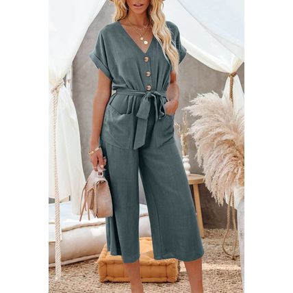 Blue Dolman Button Belted V Neck Wide Leg Pocketed Jumpsuit