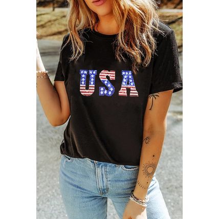 Black USA Stars and Stripes Crew Neck Graphic Tee