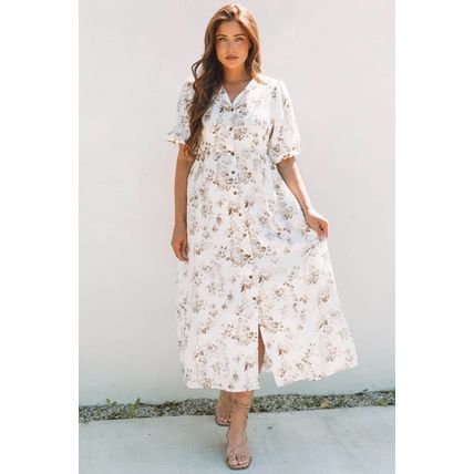Khaki Floral Puff Sleeve V Neck Buttoned Front Maxi Dress