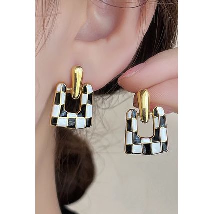 Black Checkered Pattern Square Shape Stud Dangle Earrings