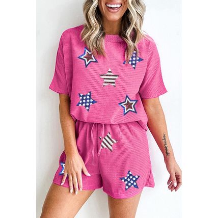 Rose Red Waffle Sequin American Flag Star Graphic 2 Piece Shorts Set