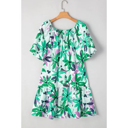 Green Floral Print Shirred Square Neck Loose Fit Mini Dress