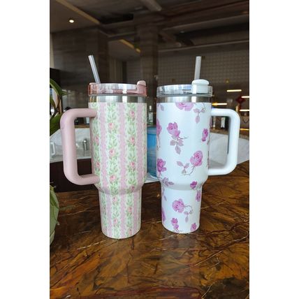 Pink Flower Print Large Insulated Tumbler with Handle 40oz