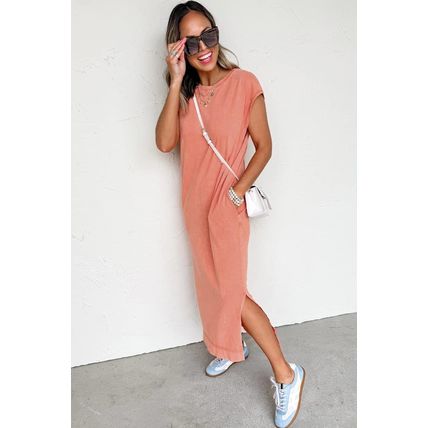 Carrot Mineral Wash Pocketed T-shirt Long Dress