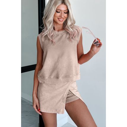 Smoke Gray 2 Pieces Mineral Wash Cotton Tank Top Lined Split Skirt Set