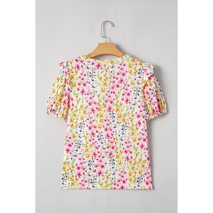 Pink Floral Puff Short Sleeve Crewneck Blouse