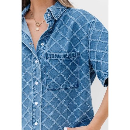 Dusk Blue Checkered Textured Short Sleeve Patched Pocket Denim Shirt