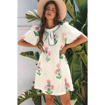 Apricot Floral Short Sleeve Split Neck Loose Mini Dress