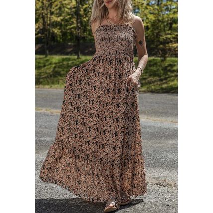 Brown Floral Smocked Bodice High Waist Flowy Sun Dress