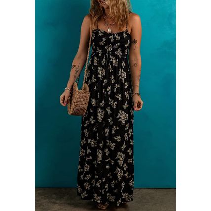 Black Floral Spaghetti Strap Shirred Bodice Tied Empire Waist Maxi Dress