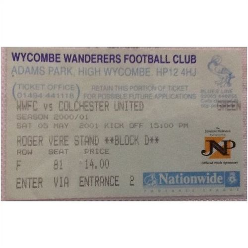 Wycombe Wanderers v Colchester Utd 2000/01 Division 2 Football Ticket Stub