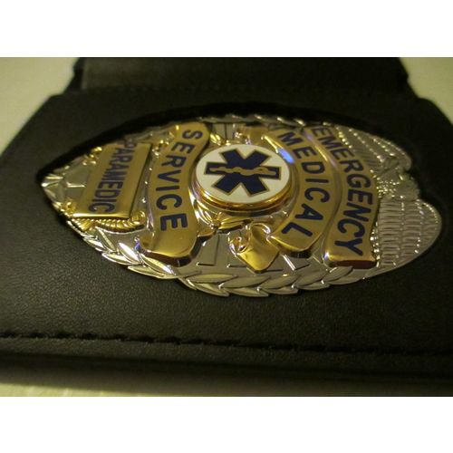 Emergency Medical Service Silver Paramedic Flat Badge in I.D. Case for Slim Fit