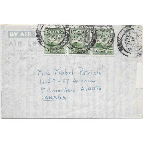 Ceylon Aerogram Air Letter 1953 Kandy uprated to Edmonton Alberta Canada