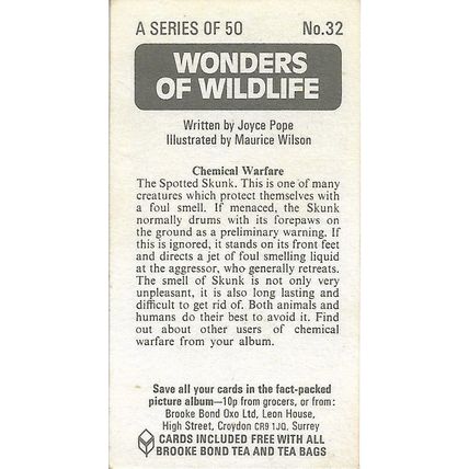 Wonders of Wildlife 1976 Brooke Bond Tea Card 32 - Chemical Warfare
