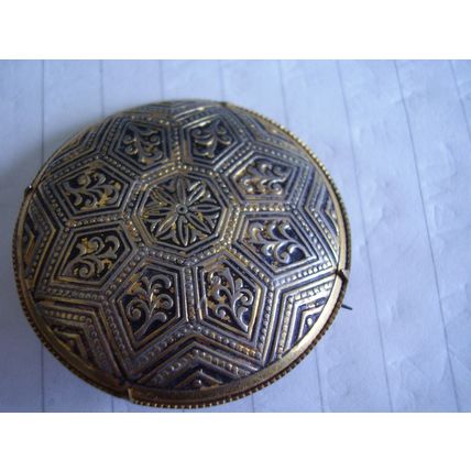 Vintage Brooch Damascene Black & Gold Victorian Target Geometric Toledo Pin