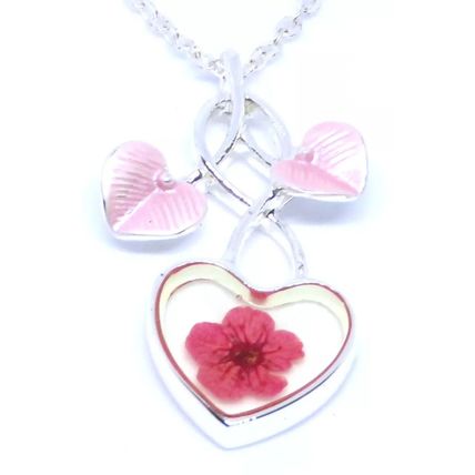 Pink Pendant Pressed Flowers Heart Shaped on a Necklace Festive Gift