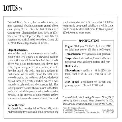 Collectors Club card. Classic Cars. Lotus 79