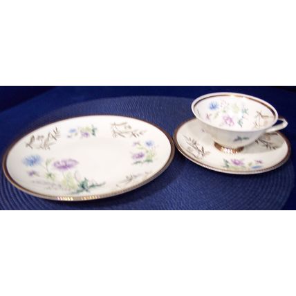 WW Bavaria 45 Teacup Saucer Plate Trio w/ Blue Purple Flowers Gold Hobnail Trim