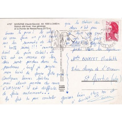 Morzine France Postcard posted 1987 writing on face