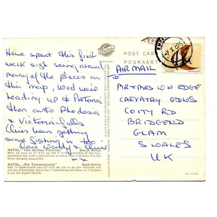 Natal - The Garden Province - Postally Used - 1975 Postmark - Art Publishers