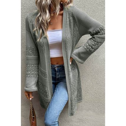 Gray Pointelle Knit Open Front Cardigan