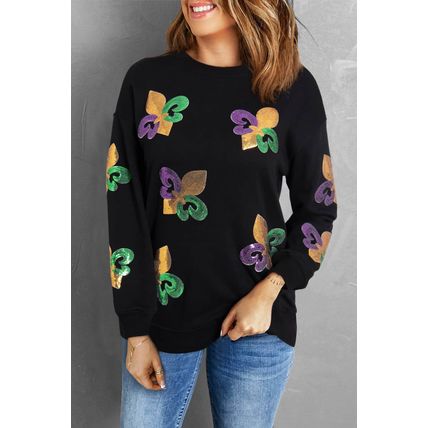 Black Sequin Mardi Gras Graphic Pullover Sweatshirt