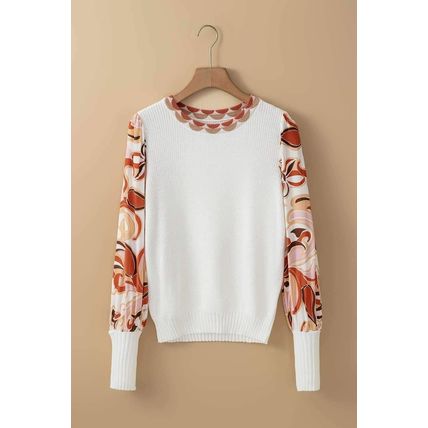 White Floral Patch Bishop Sleeve Sweater