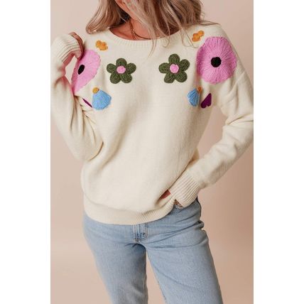 Beige Knitted Flower Pattern Ribbed Edge Sweater