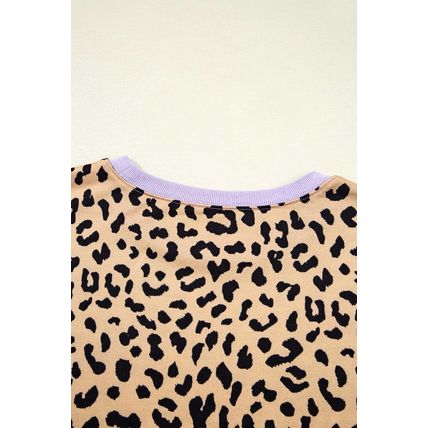 Purple Stripe Color Block Patchwork Leopard Casual Sweatshirt with Slits