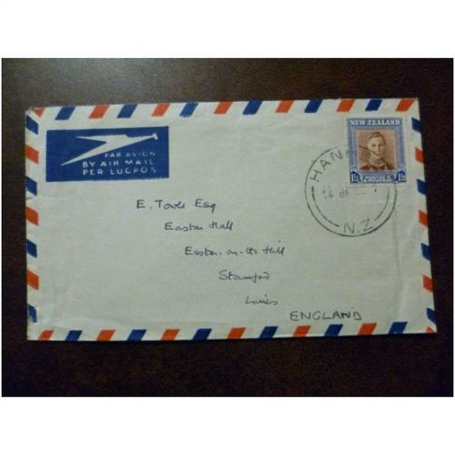 New Zealand 1952 King Georg VI 1s 3d stamp on Cover Hanmer to Stamford air mail