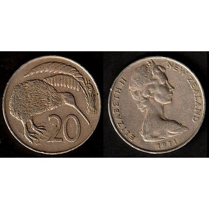 New Zealand Twenty Cents 1971 20c Coin Kiwi NZ QE II